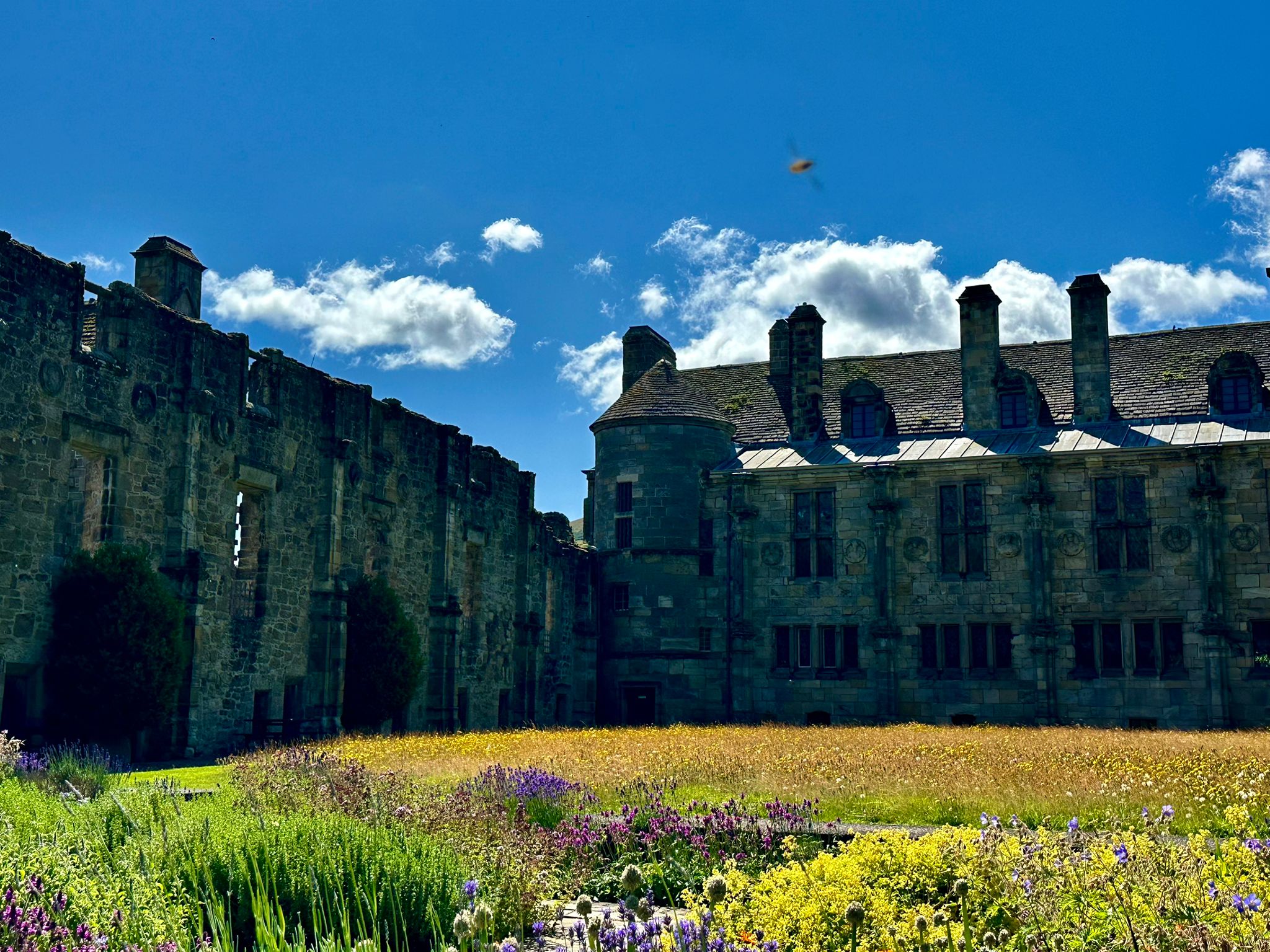 Vue ensoleillée du Falkland Palace prise depuis son jardin